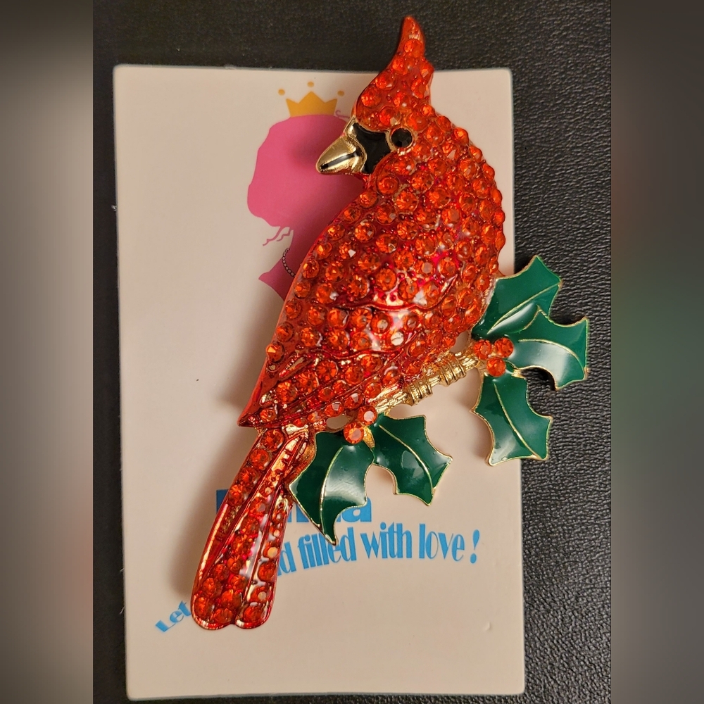 Fuhua Red Northern Cardinal Bird Christmas Brooch Crystal Rhinestone New